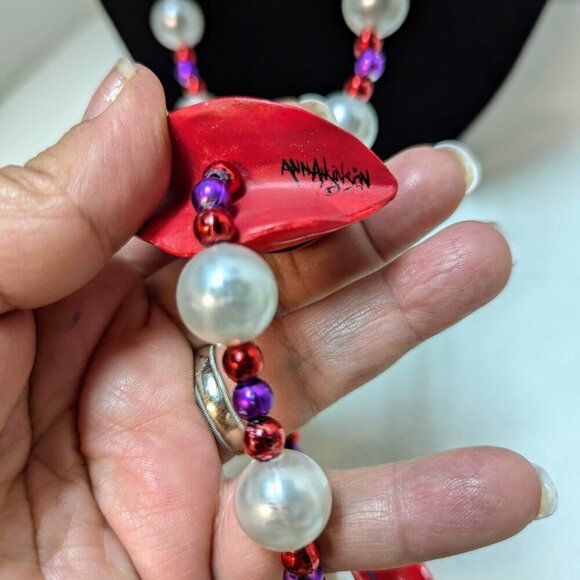 Purple & RED HAT SOCIETY Beaded NECKLACE Faux Pearl 40" Handmade Signed - Picture 5 of 9